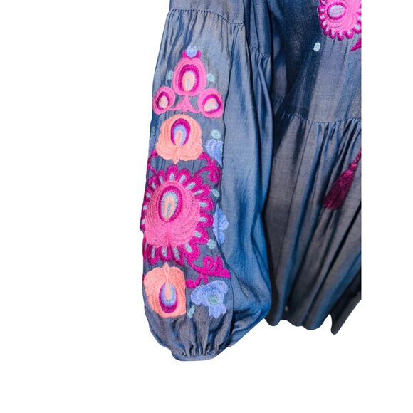 Umgee Babydoll S Blue Tencel Embroidered Boho Peasant Dress Balloon Slv Cottage - Picture 11 of 11